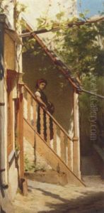 A Girl Posing On A Staircase