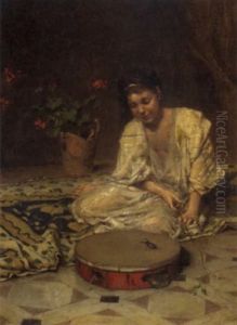 An Interior Scene With A Young Girl Playing With A Beetle On A Tambourine
