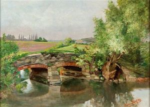 Kleine Bachlandschaft Mit Steinerner Brucke An Einem Sonnigen Tag