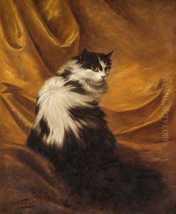 Schwarzweise Katze Vor Rotem Vorhang by Carl Kahler