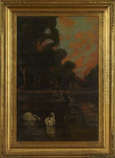 Evening Scene With Two Swans In A Fountain - view 1
