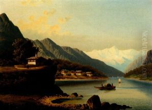 Gebirgslandschaft Mit Kirchdorf An Einem See Mit Ubersetzendem Boot Und Gletscherhorizont