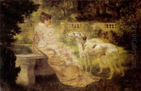 Elegante Dame In Parklandschaft Mit Windhunden - view 1