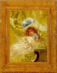 Portraet Af Pige Med Kat I Sofa Foran Draperi by Carl Kahler