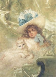 Portrait Of A Young Girl, Wearing A Blue And White Hat With A White Cat by Carl Kahler