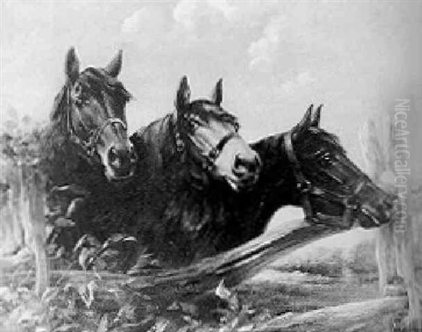 Three Horses Leaning Over A Fence - view 1