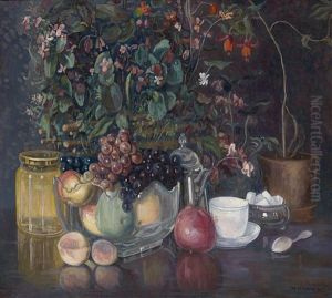 Stilleben Mit Blumen, Fruchten Und Schalchen Mit Wurfelzucker by Max Kahrer