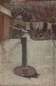 Winterlicher Hinterhof Mit Pumpe Und Aufgehangter Wasche by Max Kahrer
