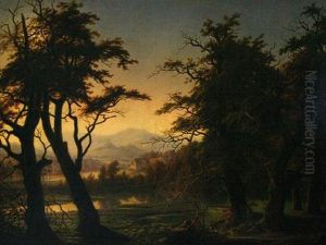Wooded Lake Landscape With Two Gentlemen Shooting Duck