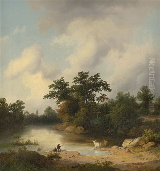 Flusslandschaft Mit Fischern Und Kuhen, Im Hintergrund Ein Dorf - view 1