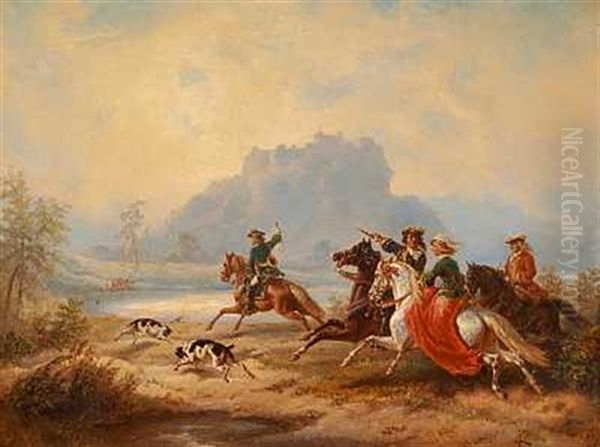 Adelsfolk Pa Parforcejagt, I Baggrunden En Hojtliggende Borg - view 1
