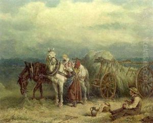 Landscape With Hay Wagon And Figures by Friedrich Kaiser