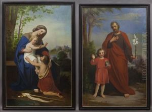Maria Sitting With Christ And John The Baptist On A Parapet Above A River Landscape; Christ And The Holy Joseph Standing On A Hill Above A River (pair) by Heinrich Kaiser