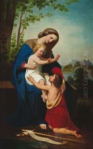 Maria Mit Christus Und Dem Johannesknaben Auf Einer Brustung Oberhalb Einer Fluslandschaft Sitzend by Heinrich Kaiser