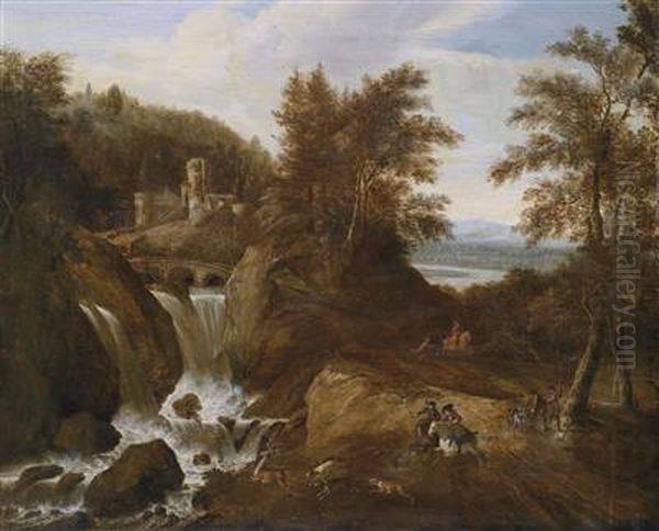 A Mountainous Landscape With A Waterfall And A Hunting Party - view 1