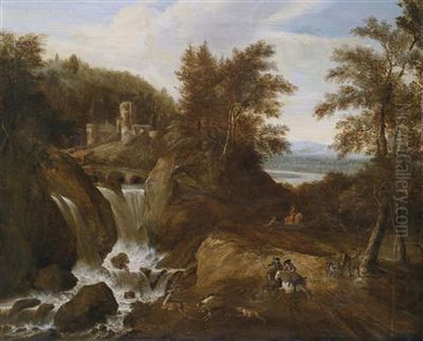 A Mountainous Landscape With A Torrent Anda Hunting Party - view 1
