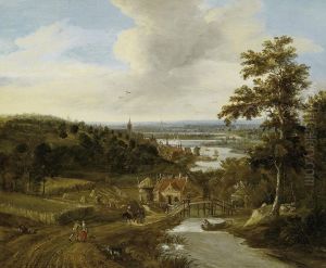 Wide Riverscape With Farmers Andtravellers Wide Riverscape With Farmers Andtravellers
