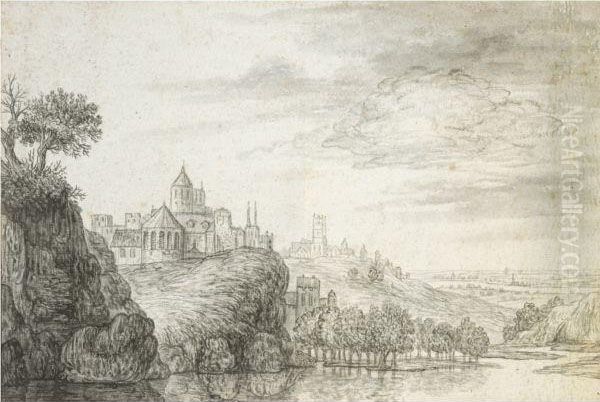 View Of A Town, With Church And Castle Buildings Above Ariver - view 1