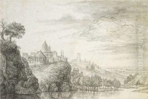 View Of A Town, With Church And Castle Buildings Above Ariver View Of A Town, With Church And Castle Buildings Above Ariver