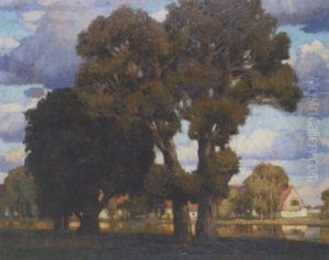 Baumlandschaft Am Fluss Mit Bauernhausern Baumlandschaft Am Fluss Mit Bauernhausern