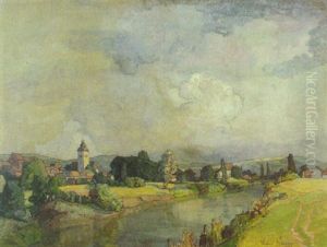 Sommerliche Flusslandschaft (franken?) Mit Einer Ortschaft Zwischen Baumen Und Vor Einer Hugelkette by Richard Kaiser