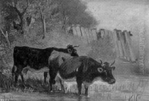 Zwei Kuhe Am Waldgesaumten Ufer by Konrad Wilhelm Kalb