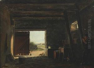 A Farmer Smoking His Pipe In A Barn by Isidor Kalckar