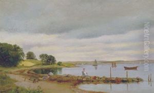 Fjordparti Med Mand, Der Betragter Sejlbadene Pa Vandet by Isidor Kalckar
