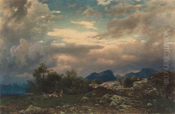Abendliche Gebirgslandschaft Mit Kindern An Einem Feuer - view 1