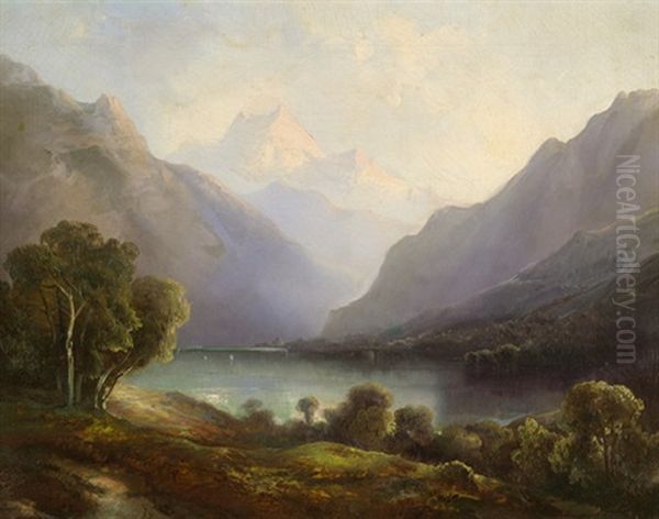 Ansicht Der Sonnenbeschienenen Jungfrau Von Einem Bergsee Aus Gesehen - view 1
