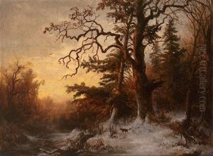 Winterliche Landschaft Mit Schnurendem Fuchs Unter Alten Baumen