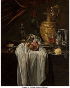 Still Life With Ewer, Vessels, Lemon, Marzipan And Pomegranate by Willem Kalf