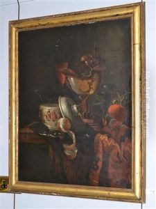 A Still Life Of A Mounted Nautilus Shelll, An Oriental Punch Bowl And Cover And Fruit On A Table
