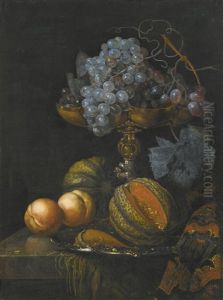 Still Life Of Grapes In A Tazza, A Cut Melon On A Silver Plate And Peaches, All Upon A Stone Ledge by Willem Kalf