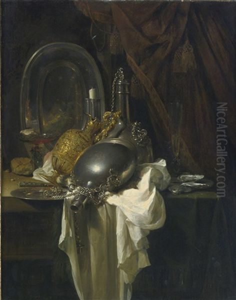 A Still Life With Silver, Pewter And Gilt Objects On A Partly Draped Table - view 1
