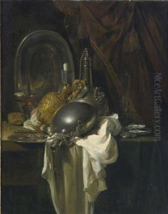 A Still Life With Silver, Pewter And Gilt Objects On A Partly Draped Table by Willem Kalf