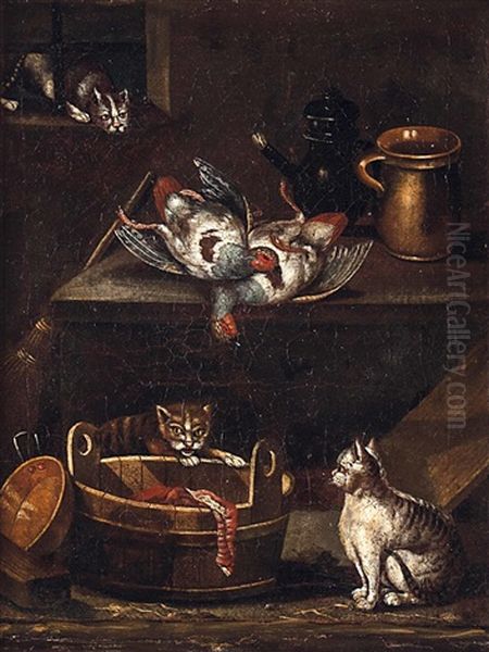 Stubeninterieur Mit Drei Katzen, Totem Geflugel Und Gefasen - view 1