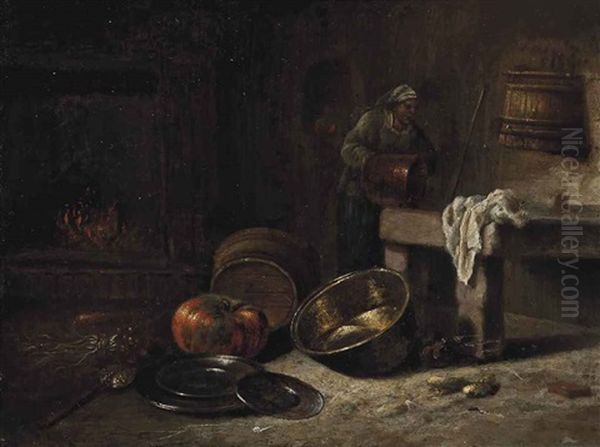 A Kitchen With Pewter Plates, A Brass Pot, A Pumpkin And A Peasant Washing Clothes - view 1