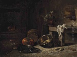 A Kitchen With Pewter Plates, A Brass Pot, A Pumpkin And A Peasant Washing Clothes by Willem Kalf