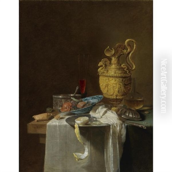 Still Life With A Silver Gilt Jug, A Wan-li Porcelain Bowl With Candied Fruit And A Pewter Plate With A Peeled Lemon - view 1