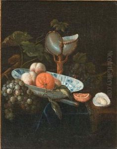 Nature-morte Au Nautile Sur Un Entablement Garni De Tissu Bleu, Avec Plat De Fruits, Grappe De Raisins Et Huitre by Willem Kalf