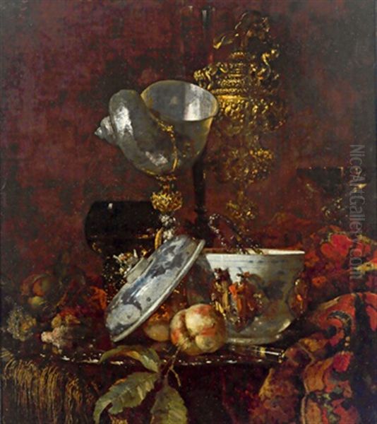 Stillleben Mit Einer Zucker-schale Aus Ming-porzellan, Einem Nautilus Pokal, Einem Goldenen Pokal, Einer Sektflote Und Einem Gefullten Weinglas Auf Einem Orientteppich - view 1