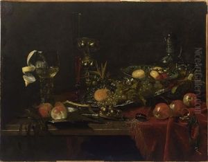 A Sumptuous Still Life Of Peaches On A Kraak Porcelain Dish, And Other Fruit, All On A Marble Table, Draped With A Red Cloth by Willem Kalf