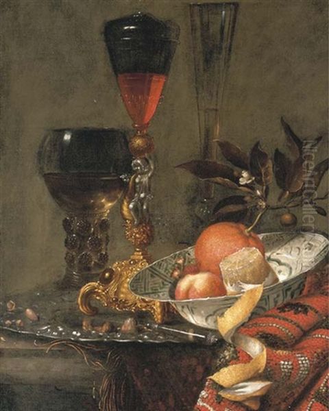 A Wanli Kraak Porselein Bowl, A Peeled Lemon, An Orange With Blossom, A Peach, Wild Strawberries, Two Facon-de-venises, And A Roemer Of White Wine Standing On A Silver Platter, All On A Stone Ledge - view 1