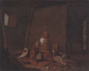 A Barn Interior With A Basket Of Vegetables And Earthenware Dishes by Willem Kalf