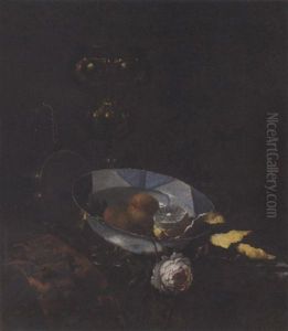 Fruit In A Blue And White Porcelain Bowl, With A Rose And Partly-peeled Lemon, A Copper Pot And A Gilt Cup On A Partly-draped Table by Willem Kalf