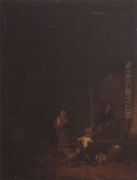 Bauerliches Interieur Mit Einer Frau Am Butterfass - view 1