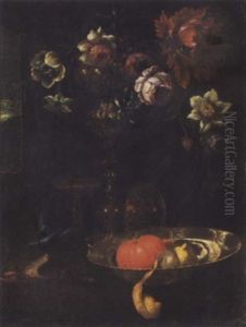 A Still Life Of A Peeled Lemon, An Orange, And Flowers In A Silver Gilt Cup, Together On A Table by Willem Kalf