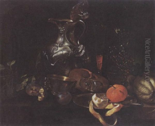 A Still Life With A Silver Jug And A Peeled Lemon On A Pewter Plate, All On A Draped Table - view 1