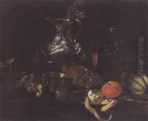 A Still Life With A Silver Jug And A Peeled Lemon On A Pewter Plate, All On A Draped Table by Willem Kalf